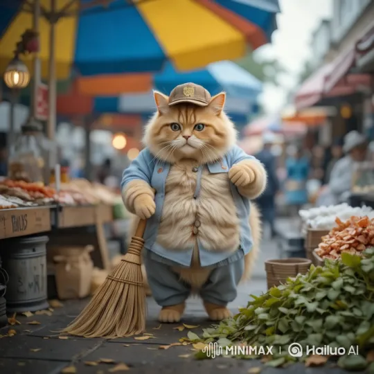 Fluffy Cat Sweeps Bustling Market Street – AI Generated Video | Hailuo AI