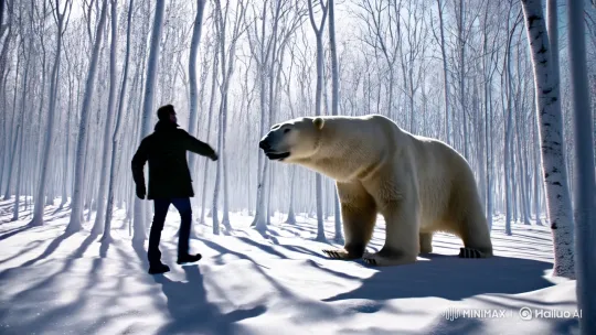 Polar Bear Transforms into Man in Icy Forest Setting – AI Generated Video | Hailuo AI