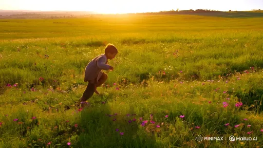 Boy Plays Joyfully in Expansive Sunlit Field – AI Generated Video | Hailuo AI