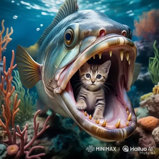 Kitten Curiosity Inside a Fish's Mouth – AI Generated Video | Hailuo AI