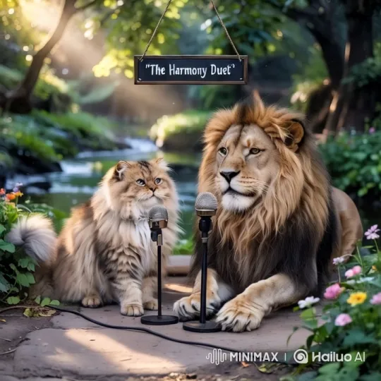 The Harmony Duet: Cat and Lion Sing in Forest – AI Generated Video | Hailuo AI