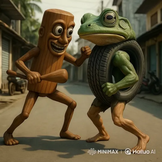 Wooden Figure and Frog Engage in Playful Fight – AI Generated Video | Hailuo AI