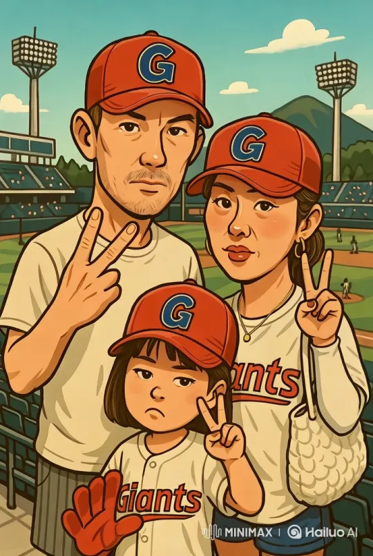 Family Poses for Peace at Baseball Stadium – AI Generated Video | Hailuo AI