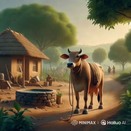 Rural Life: Hardworking Cow Amidst Serene Village – AI Generated Video | Hailuo AI