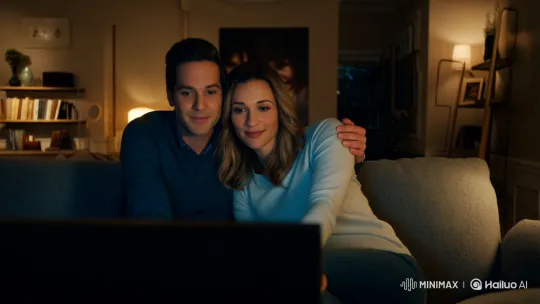Couple Enjoying Movie in Cozy Living Room Atmosphere – AI Generated Video | Hailuo AI