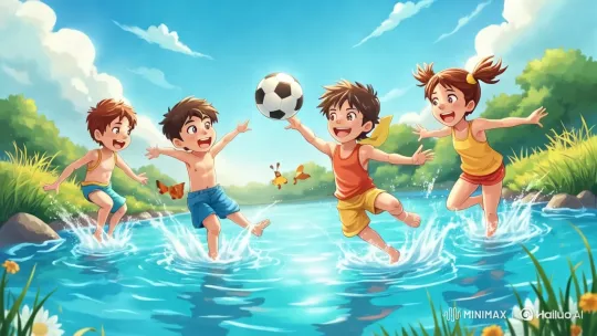Children Joyfully Playing in a Summer River Scene – AI Generated Video | Hailuo AI