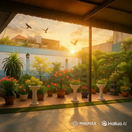 Tranquil Garden at Sunset with Flora and Birds – AI Generated Video | Hailuo AI