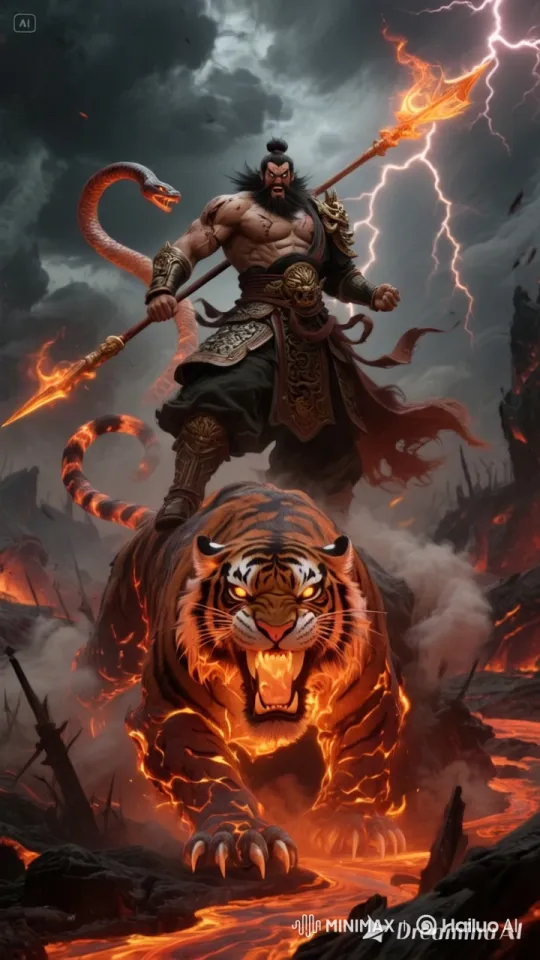 Fierce Tiger Roars Amid Fiery Apocalypse with Muscular Warrior – AI Generated Video | Hailuo AI