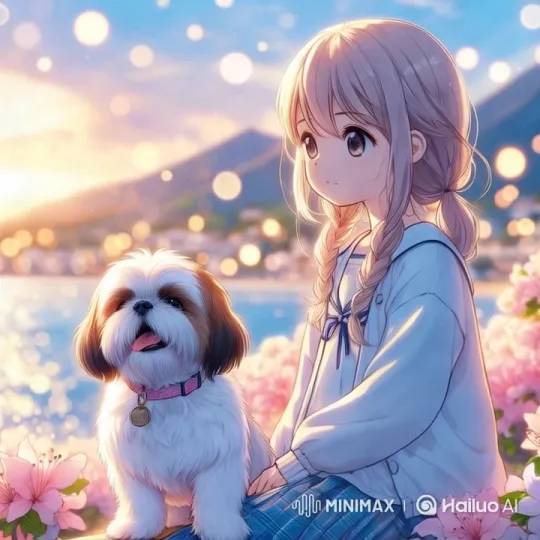 Tranquil Coastal Walk with Girl and Shih Tzu – AI Generated Video | Hailuo AI