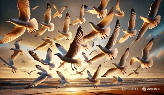 Seagulls Soaring at Sunset Over Serene Beach – AI Generated Video | Hailuo AI