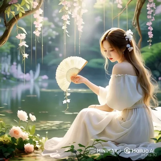 Tranquil Pond: Serene Woman with Fan in Lush Nature – AI Generated Video | Hailuo AI