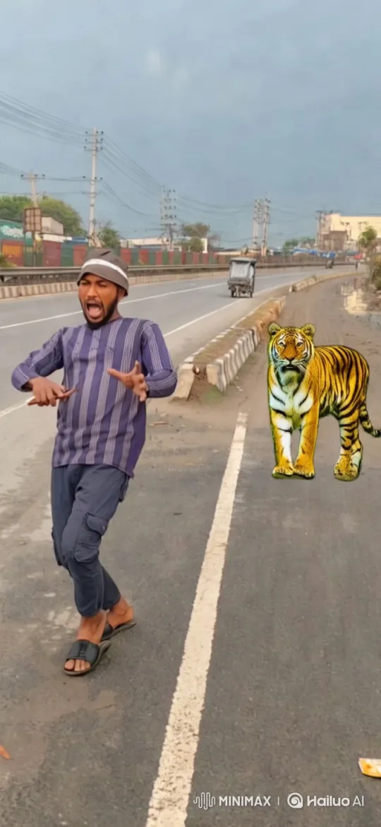 Man and Tiger on Urban Road: Dynamic Interaction – AI Generated Video | Hailuo AI