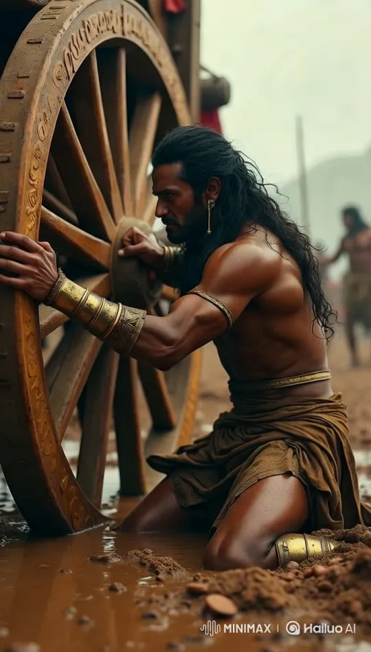 Warrior Struggles with Muddy Wheel Amidst Battle – AI Generated Video | Hailuo AI