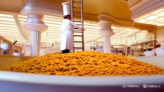 Miniature Chef Stirs Giant Noodles in Surreal Kitchen Scene – AI Generated Video | Hailuo AI