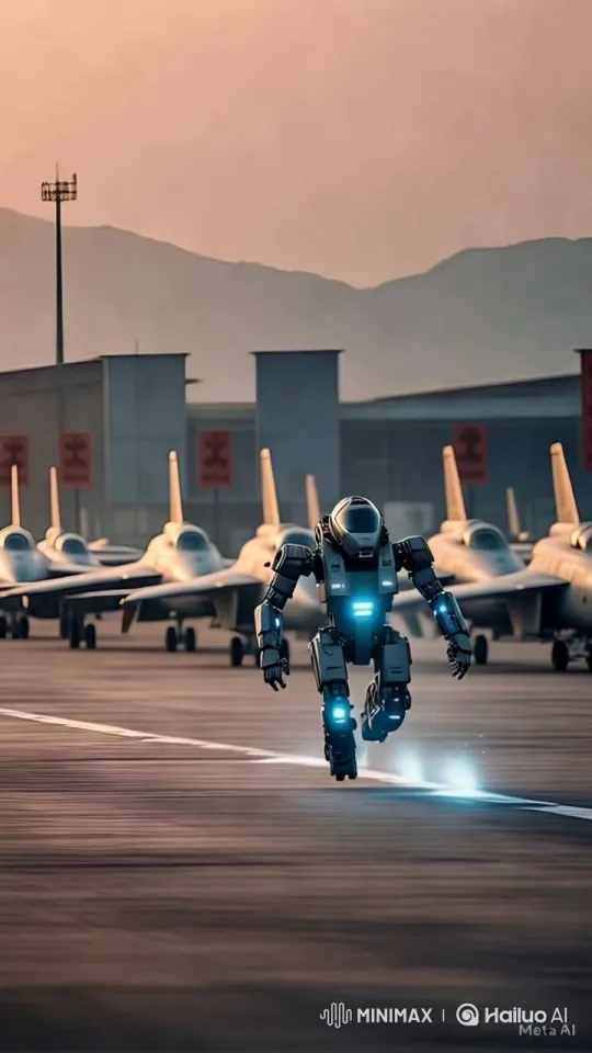 Futuristic Robot Showcases Speed Amidst Military Jets – AI Generated Video | Hailuo AI