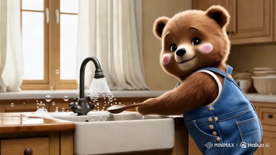 Teddy Bear Washes Dishes in Cozy Kitchen – AI Generated Video | Hailuo AI