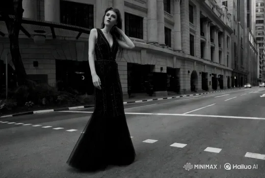 Elegant Model Showcases Gown in Urban Setting – AI Generated Video | Hailuo AI