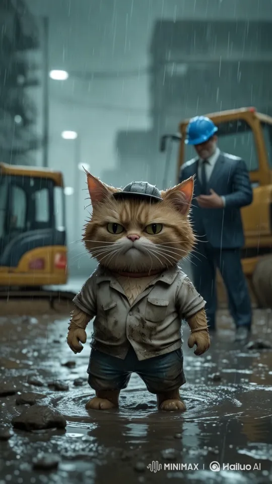 Grumpy Cat as a Construction Worker in a Rainy Scene – AI Generated Video | Hailuo AI