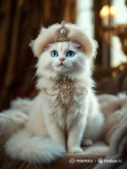 Luxurious White Cat Adorned with Jewelry in Elegant Setting – AI Generated Video | Hailuo AI