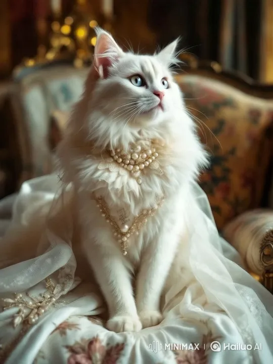 Regal White Cat Adorned in Luxury Amidst Elegant Surroundings – AI Generated Video | Hailuo AI