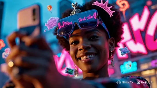 Joyful Character in Vibrant Neon Urban Setting – AI Generated Video | Hailuo AI