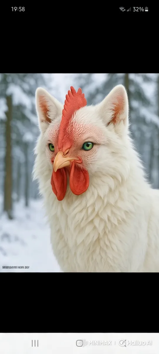 Hybrid Cat-Chicken Creature in Snowy Forest Scene – AI Generated Video | Hailuo AI