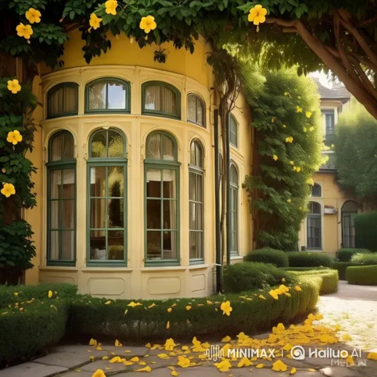 Vibrant Yellow Building with Scattering Hibiscus Petals – AI Generated Video | Hailuo AI