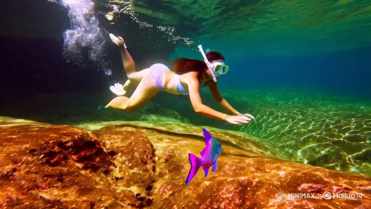 Koti's Graceful Dive in a Colorful Underwater World – AI Generated Video | Hailuo AI