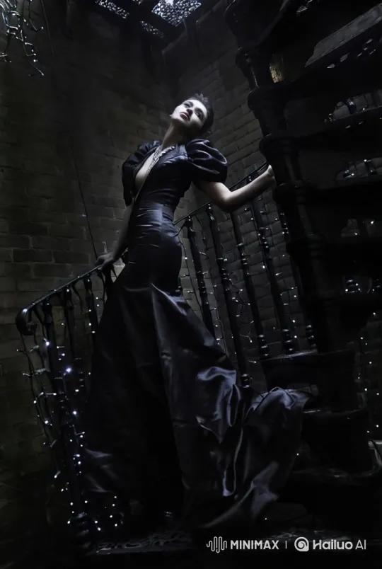 Woman Ascends Spiral Staircase in Elegant Gown – AI Generated Video | Hailuo AI