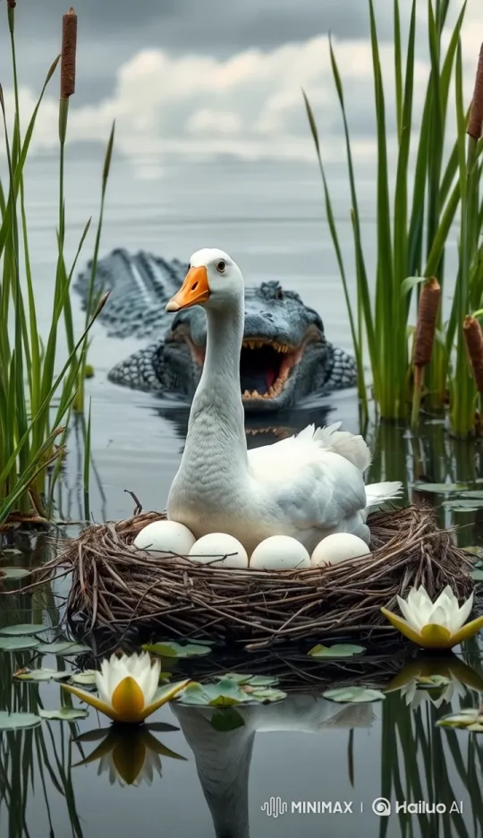 Predator's Approach: Goose and Crocodile on Serene Lake – AI Generated Video | Hailuo AI