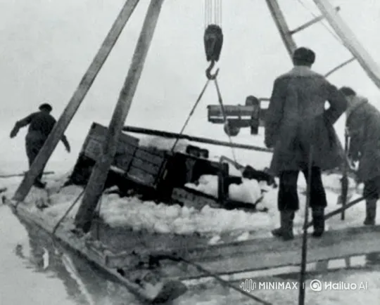 Historic Ice Scene: Men Operate Crane on Frozen Platform – AI Generated Video | Hailuo AI