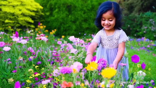 Spring Meadow Joy: Girl in Flowing Dress Picking Flowers – AI Generated Video | Hailuo AI