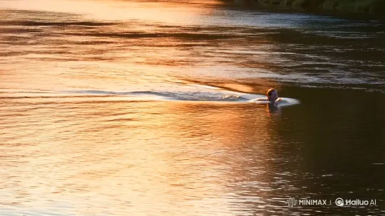 Golden Sunset Swim: Serene River Reflections – AI Generated Video | Hailuo AI
