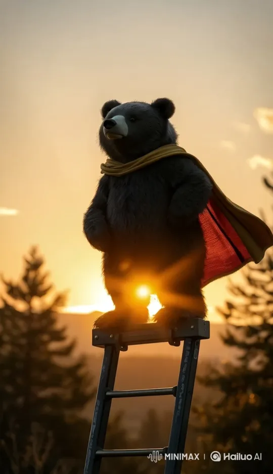 Bear Stands Ready on Climbing Frame at Sunset – AI Generated Video | Hailuo AI