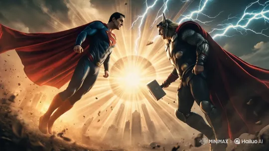 Superman vs. Thor: Epic Clash in Apocalyptic Landscape – AI Generated Video | Hailuo AI