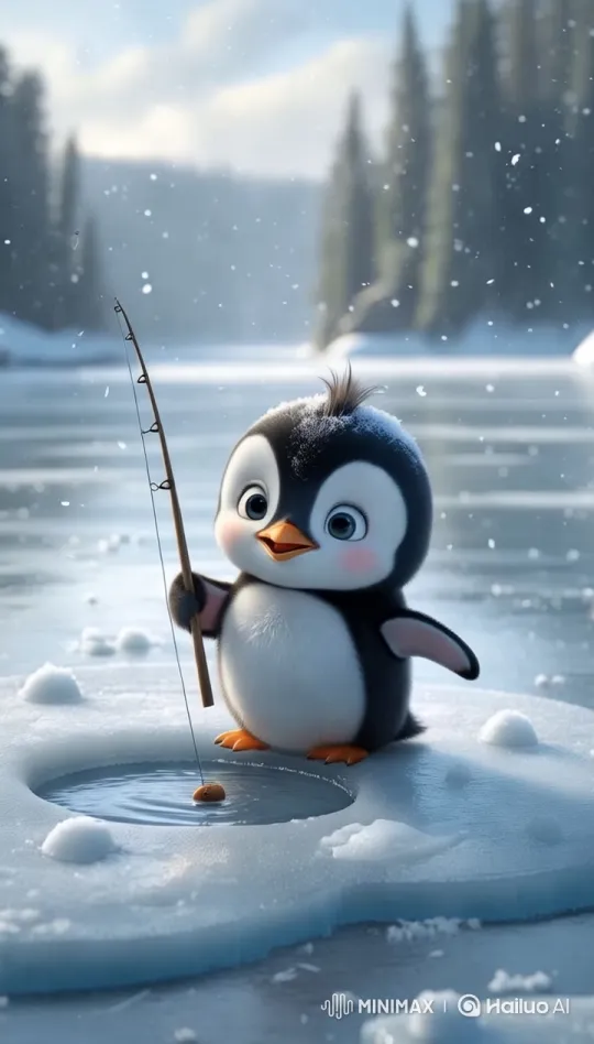 Penguin Joyfully Fishing on Ice in Winter Wonderland – AI Generated Video | Hailuo AI