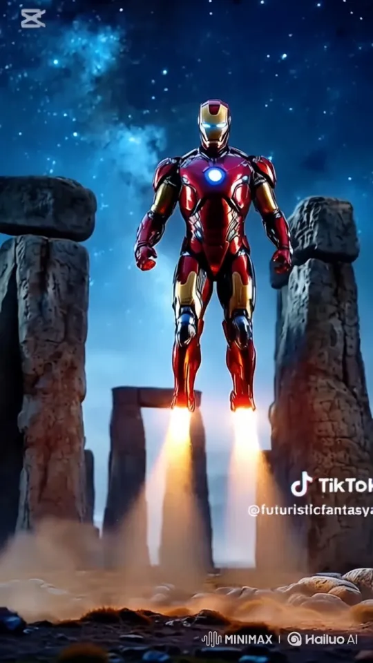 Iron Man Ascends Amid Ancient Stones Under Starry Sky – AI Generated Video | Hailuo AI