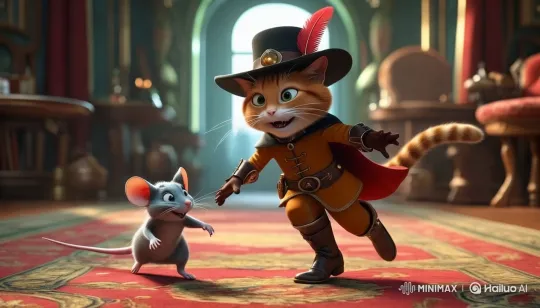 Puss in Boots Chases a Mouse in Luxurious Setting – AI Generated Video | Hailuo AI