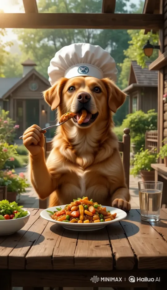 Anthropomorphic Dog Enjoying a Meal in a Rustic Kitchen – AI Generated Video | Hailuo AI
