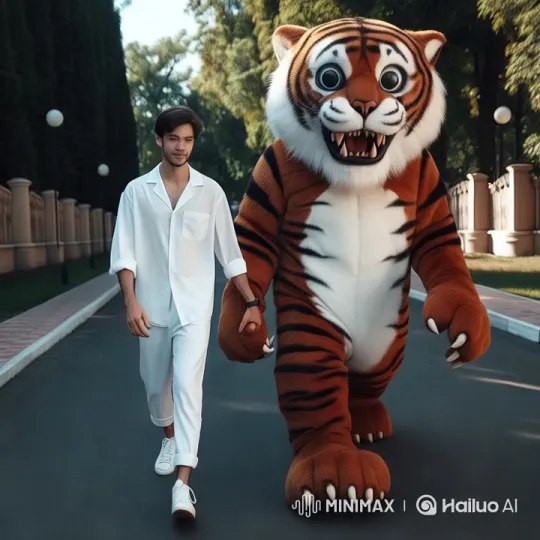Man Walks with Tiger Mascot in Serene Setting – AI Generated Video | Hailuo AI