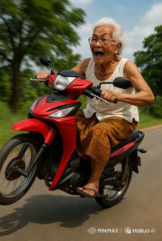 Elderly Thai Woman Joyfully Performs Wheelie on Motorbike – AI Generated Video | Hailuo AI
