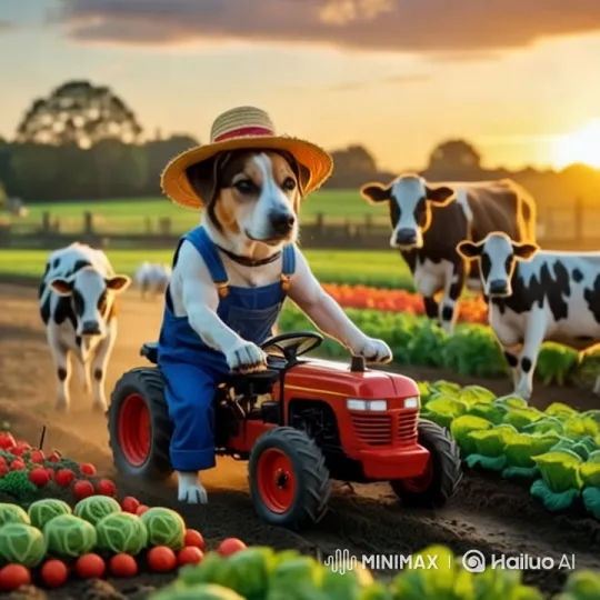 Dog Farmer Drives Tractor on Colorful Farm at Sunset – AI Generated Video | Hailuo AI