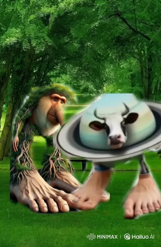 Wooden Figure Confronts Flying Saucer Cow's Head – AI Generated Video | Hailuo AI