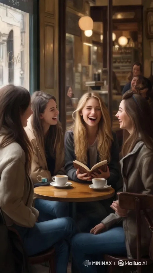 Cozy Café Scene: Woman Tells Story with Friends – AI Generated Video | Hailuo AI