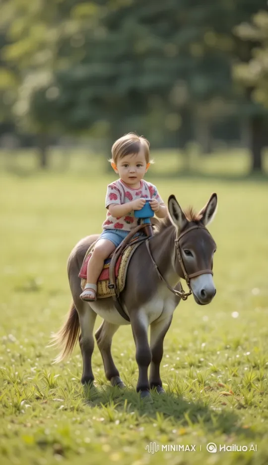 Baby and Donkey: A Serene Meadow Ride – AI Generated Video | Hailuo AI