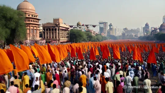 Massive Delhi Protest Showcases Vibrant Crowd, Tension, and Drones – AI Generated Video | Hailuo AI