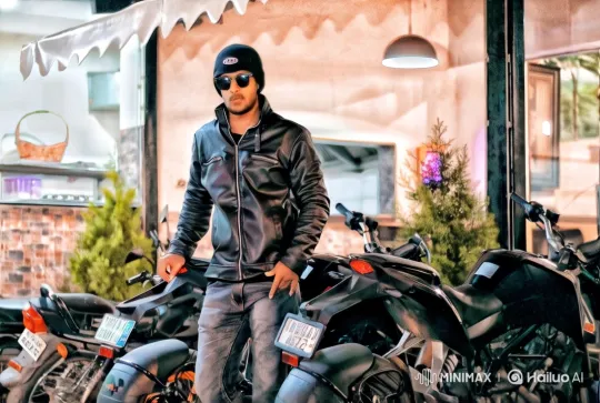 Stylish Action Sequence: Man with M16 Amidst Motorcycles – AI Generated Video | Hailuo AI