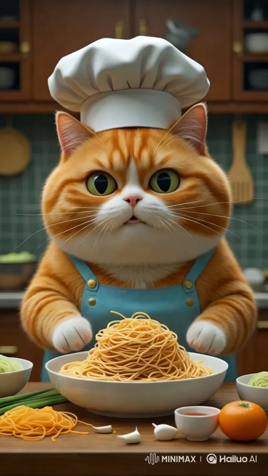 Adorable Cat Chef Makes Noodles in Kitchen – AI Generated Video | Hailuo AI