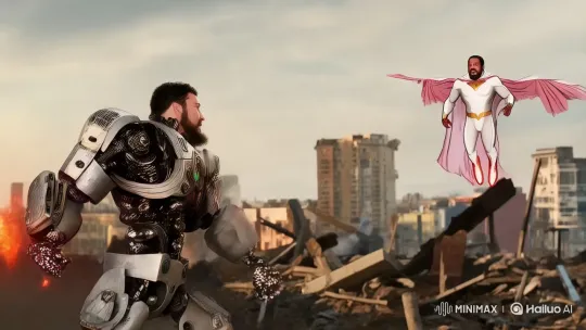 Cyborg and Flying Hero Clash in Post-Apocalyptic Duel – AI Generated Video | Hailuo AI