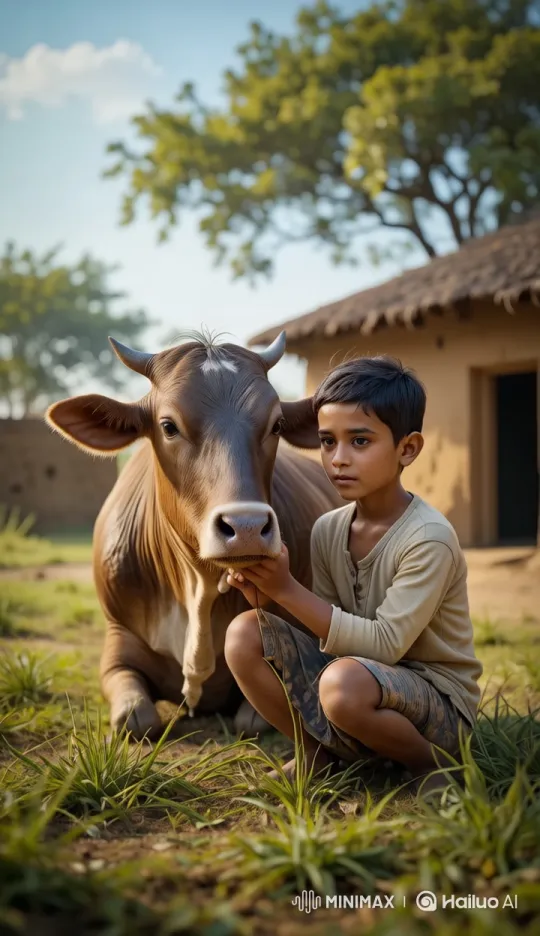 Boy and Cow Bond in Serene Countryside – AI Generated Video | Hailuo AI